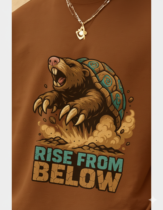 Brown t-shirt with a graphic of a bear with a turtle shell and 'Rise from Below' text.